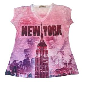 Sweet Gisele Girls L New York Pink Bling Rhinestones Sparkle V Neck Shirt Top